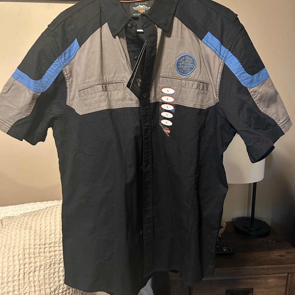 Harley-Davidson Black and grey button down shirt with Blue Patch.